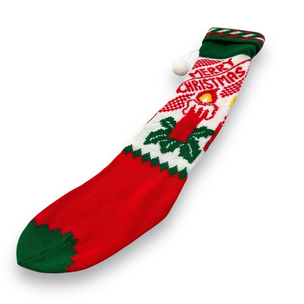 Vintage Christmas Stocking‎ Knitted Merry Christmas Candle Red Long Skinny 24"
